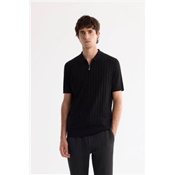 Siyah Polo Yaka Fermuarlı Rayon Triko T-Shirt