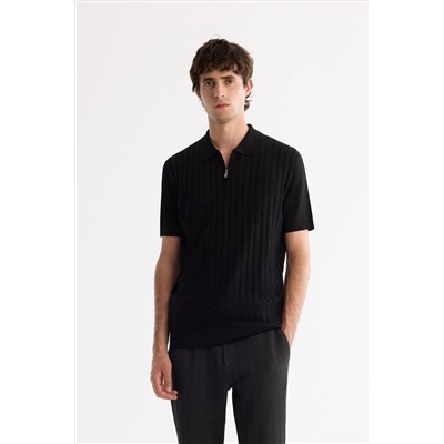 Siyah Polo Yaka Fermuarlı Rayon Triko T-Shirt