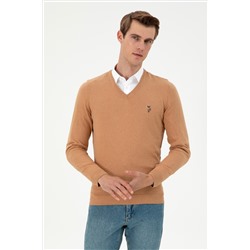 Erkek Slim Fit V Yaka Camel Melanj Basic Kazak