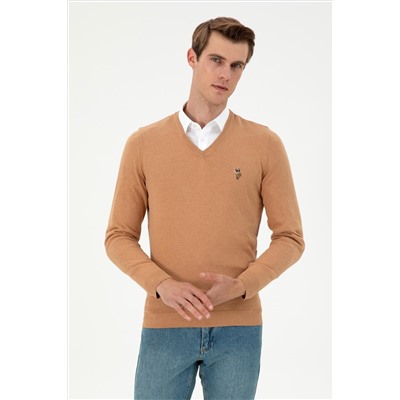 Erkek Slim Fit V Yaka Camel Melanj Basic Kazak