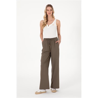 Kadın Vizon Çizgili Loose Relax Fit Kanvas Pantolon