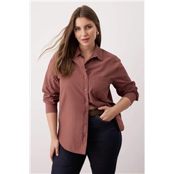 Kahverengi Loose Fit Pamuklu Uzun Kol Büyük Beden Dokuma Gömlek TBBSS22GO0323