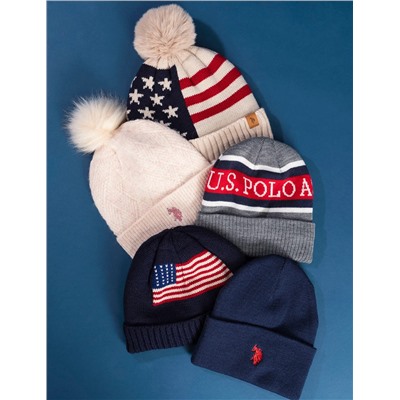 LADIES FLEECE LINED AMERICANA BEANIE WITH POM POM
