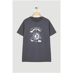 Antrasit Bisiklet Yaka %100 Pamuk Örme T-Shirt TBBSS23BF00030
