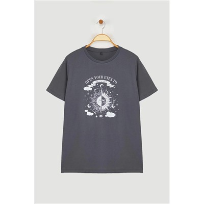 Antrasit Bisiklet Yaka %100 Pamuk Örme T-Shirt TBBSS23BF00030