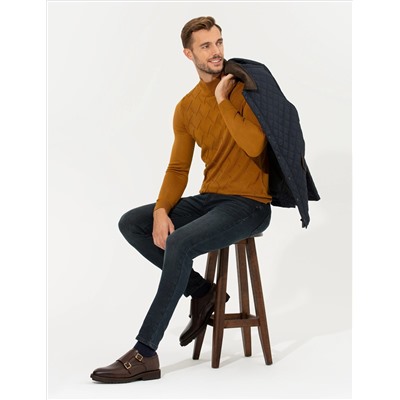 Kahverengi Slim Fit Balıkçı Yaka Triko Kazak