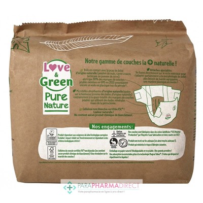 Love&Green Pure Nature - Couches Écologiques Non Blanchies - Taille 1 - 2 à 5kg - 32 couches