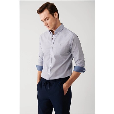 Avva Erkek Mavi Düğmeli Yaka Desenli Şerit Detaylı Pamuk Karışımlı Slim Fit Gömlek A32y2172 A32Y2172