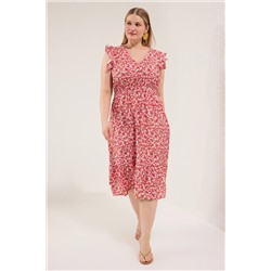 Pembe Yazlık Midi Çiçekli Kolsuz Lilyum Dokuma Büyük Beden Elbise TBBSS25AH00213