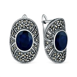Серьги из чернёного серебра с сапфиром и марказитами HE0200-SS-LK