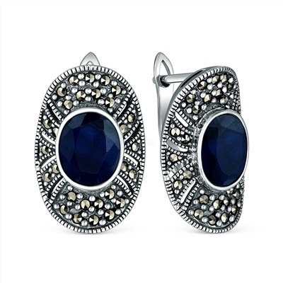 Серьги из чернёного серебра с сапфиром и марказитами HE0200-SS-LK