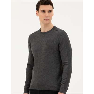Koyu Gri Slim Fit Bisiklet Yaka Triko Kazak