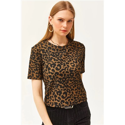 Olalook, Kadın Leopar Vizon Fitilli Crop Örme Tişört TSH-19000328