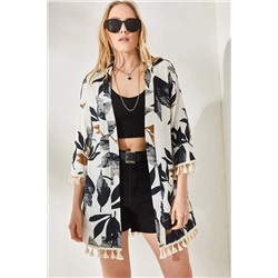 Olalook, Kadın Taş Siyah Püsküllü Salaş Örme Kimono KMN-00000056