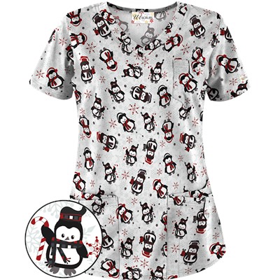 UA Penguin Holiday White Print Scrub Top