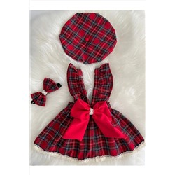 Moda Lina Kız Bebek Dantelli Kırmızı Ekose Elbise Bandana Şapka Set Ekose Dantal Şapka Bandana