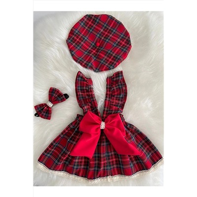 Moda Lina Kız Bebek Dantelli Kırmızı Ekose Elbise Bandana Şapka Set Ekose Dantal Şapka Bandana