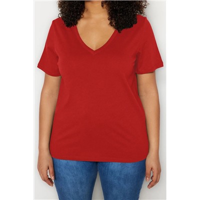 Kırmızı V Yaka Basic %100 Pamuk Örme T-Shirt TBBSS22BF0028