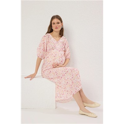 Trendyol Curve Çok Renkli Hamile Midi Çıtır Çiçekli Balon Kollu Elbise TBBSS25AH00184