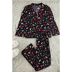 Siyah Yılbaşı Temalı Biyeli Gömlek-Pantolon Örme Pijama Takımı TBBAW25AI00024