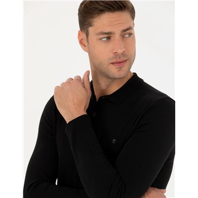 Siyah Slim Fit Polo Yaka Basic Triko Kazak