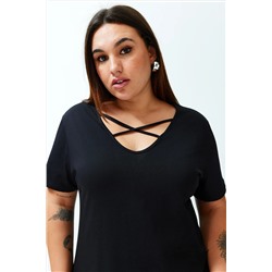 Siyah Çarpraz İp Detaylı Midi %100 Pamuk Örme Elbise TBBSS24AH00165