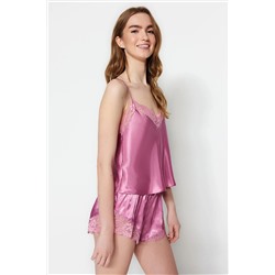 TRENDYOLMİLLA Pembe Dantel Detaylı Saten Dokuma Pijama Takımı THMSS22PT0269