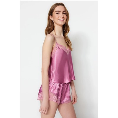 TRENDYOLMİLLA Pembe Dantel Detaylı Saten Dokuma Pijama Takımı THMSS22PT0269