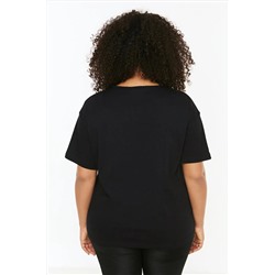 Siyah Bisiklet Yaka Büzgü Detaylı %100 Pamuk Örme T-Shirt TBBSS22TS2293