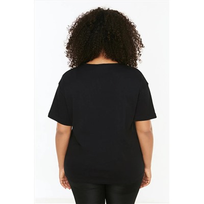 Siyah Bisiklet Yaka Büzgü Detaylı %100 Pamuk Örme T-Shirt TBBSS22TS2293