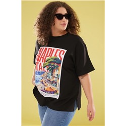 Trendyol Curve Siyah Bisiklet Yaka Geniş Kalıp Basklı Büyük Beden Örme Tshirt TBBSS25BF00033