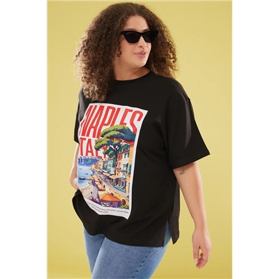 Trendyol Curve Siyah Bisiklet Yaka Geniş Kalıp Basklı Büyük Beden Örme Tshirt TBBSS25BF00033