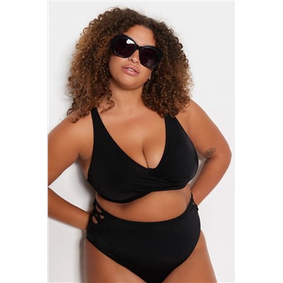 Siyah Derin V Büzgülü Büyük Beden Bikini Üstü TBBSS23CT00011