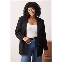 Siyah Oversize/Bol Kesim Düğmeli Dokuma Büyük Beden Blazer Ceket TBBAW26AG00008