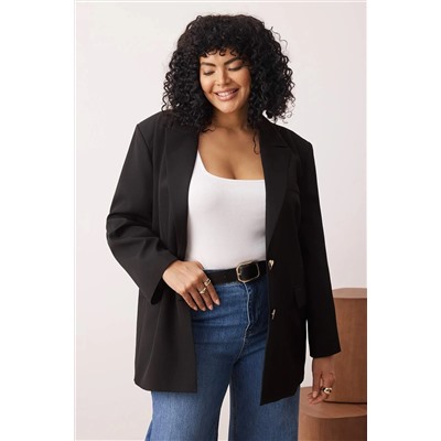 Siyah Oversize/Bol Kesim Düğmeli Dokuma Büyük Beden Blazer Ceket TBBAW26AG00008