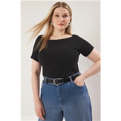 Siyah Fitted Kayık Yaka Fitilli Kaşkorse Örme Büyük Beden Bluz TBBSS25AF00047