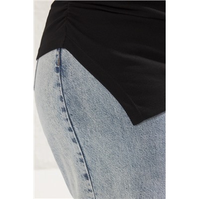 Siyah Büzgü/Drape Detaylı Fitted/Vücuda Oturan Asimetrik Örme Büyük Beden Bluz TBBSS25AF00039