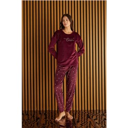 Temporium Kadın Bordo Baskılı Desenli Uzun Kollu Fransız Kadife Pijama Takımı PJ4210