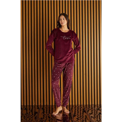Temporium Kadın Bordo Baskılı Desenli Uzun Kollu Fransız Kadife Pijama Takımı PJ4210