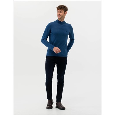 İndigo Melanj Slim Fit Yarım Balıkçı Basic Triko Kazak