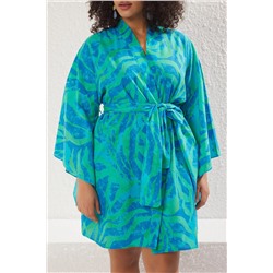 Mavi Soyut Desenli Kuşaklı Mini Dokuma Büyük Beden Kimono&Kaftan TBBSS25DE00004