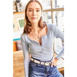 Olalook, Kadın Çizgili İndigo Patlı Kaşkorse Bluz BLZ-19000588