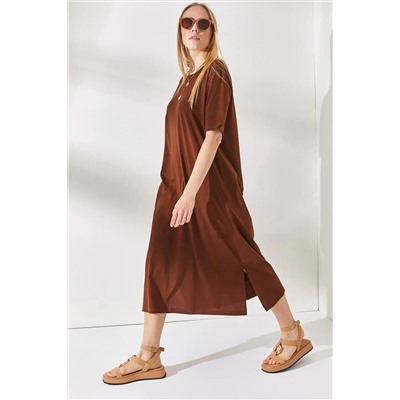 Olalook, Kadın Acı Kahve Yanı Yırtmaçlı Oversize Elbise  ELB-19001880
