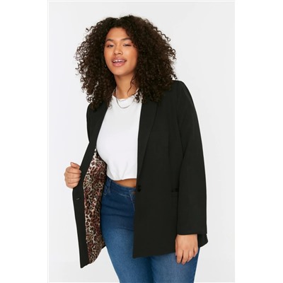 Trendyol Curve Siyah Leopar Astar Detaylı Blazer Dokuma Ceket TBBSS22CE0195