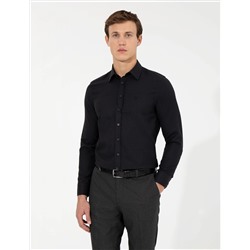Siyah Slim Fit Armürlü Uzun Kollu Gömlek
