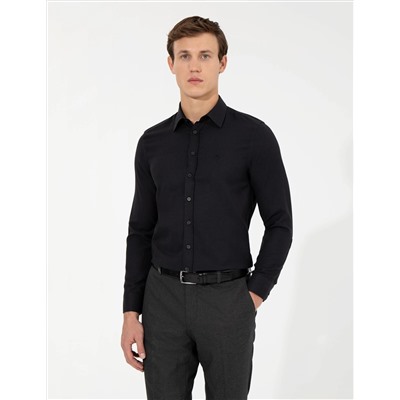 Siyah Slim Fit Armürlü Uzun Kollu Gömlek