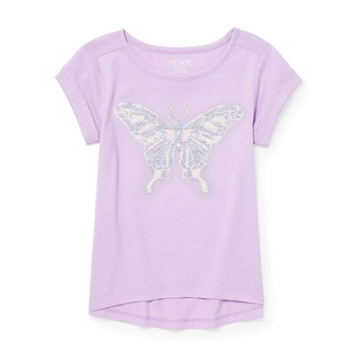 Girls Short Rolled Sleeve Flip Sequin Graphic Top