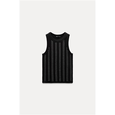 SLEEVELESS RIBBED T-SHIRT WITH RHINESTONES