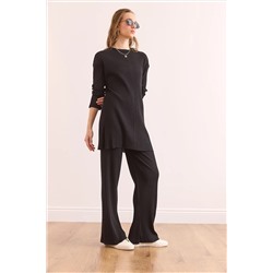 Olalook Kadın Siyah Üst Yırtmaçlı Bluz Alt Palazzo Fitilli Takım TKM-19000180