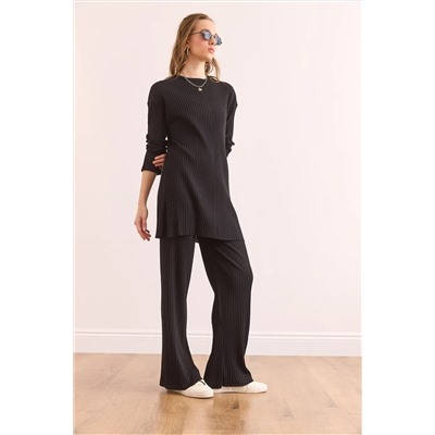 Olalook Kadın Siyah Üst Yırtmaçlı Bluz Alt Palazzo Fitilli Takım TKM-19000180